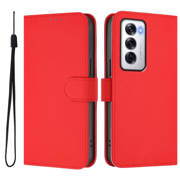 For OPPO Reno12 5G Global Skin Feel Solid Color Leather Phone Case with Lanyard