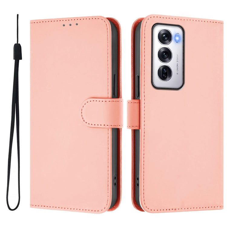 For OPPO Reno12 5G Global Skin Feel Solid Color Leather Phone Case with Lanyard