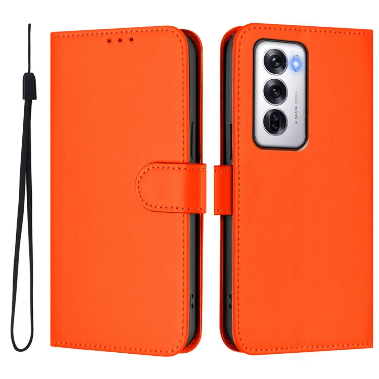 For OPPO Reno12 5G Global Skin Feel Solid Color Leather Phone Case with Lanyard
