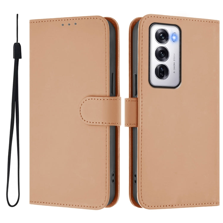 For OPPO Reno12 5G Global Skin Feel Solid Color Leather Phone Case with Lanyard