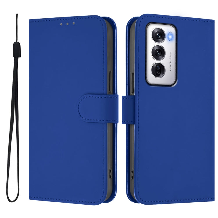 For OPPO Reno12 5G Global Skin Feel Solid Color Leather Phone Case with Lanyard