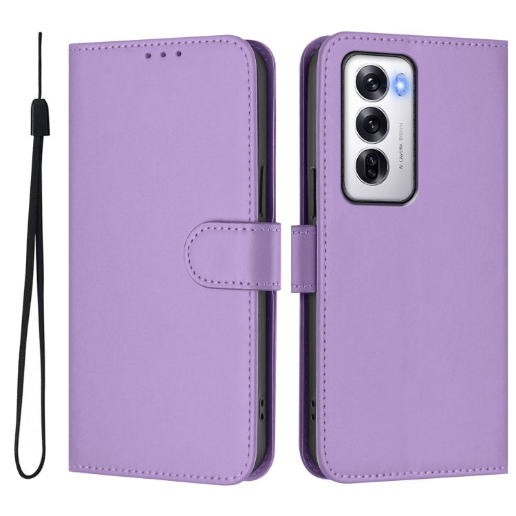 For OPPO Reno12 5G Global Skin Feel Solid Color Leather Phone Case with Lanyard