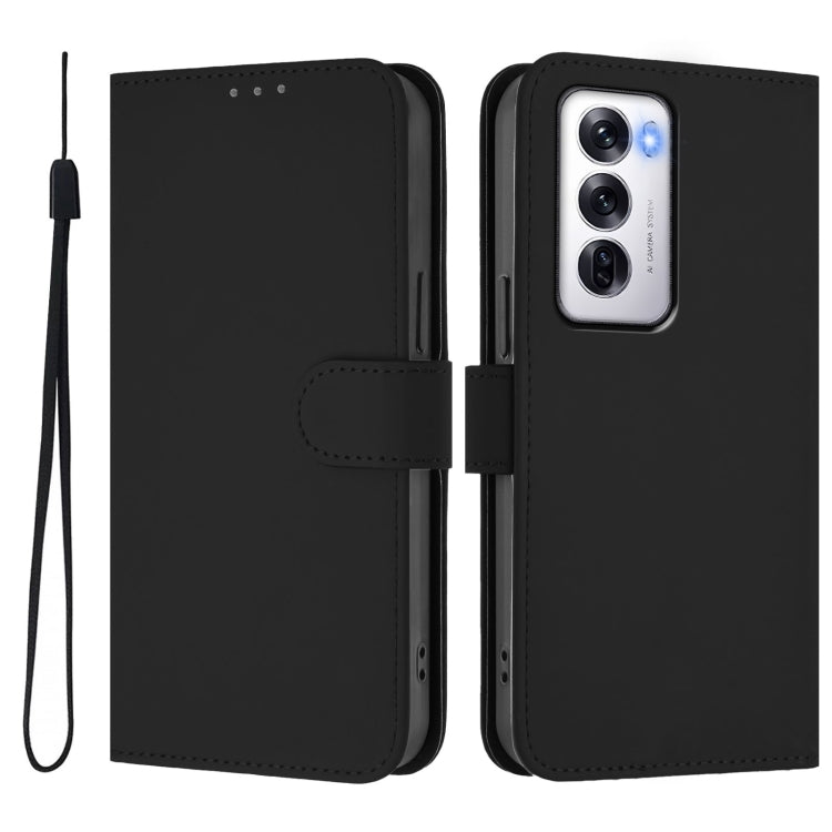 For OPPO Reno12 5G Global Skin Feel Solid Color Leather Phone Case with Lanyard