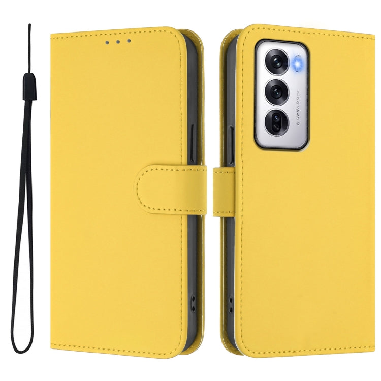 For OPPO Reno12 5G Global Skin Feel Solid Color Leather Phone Case with Lanyard
