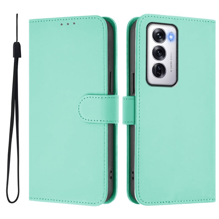 For OPPO Reno12 5G Global Skin Feel Solid Color Leather Phone Case with Lanyard