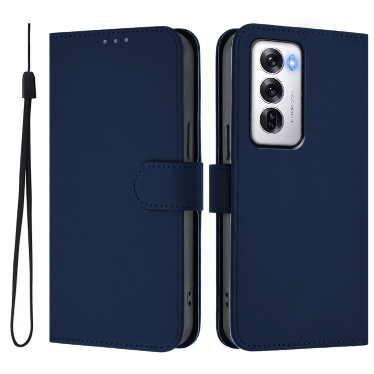 For OPPO Reno12 5G Global Skin Feel Solid Color Leather Phone Case with Lanyard