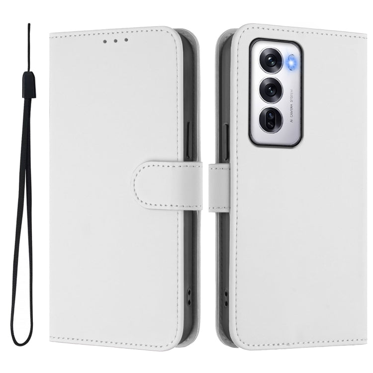 For OPPO Reno12 5G Global Skin Feel Solid Color Leather Phone Case with Lanyard