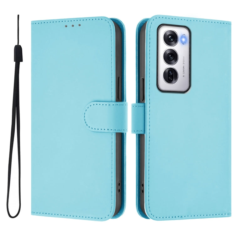 For OPPO Reno12 5G Global Skin Feel Solid Color Leather Phone Case with Lanyard