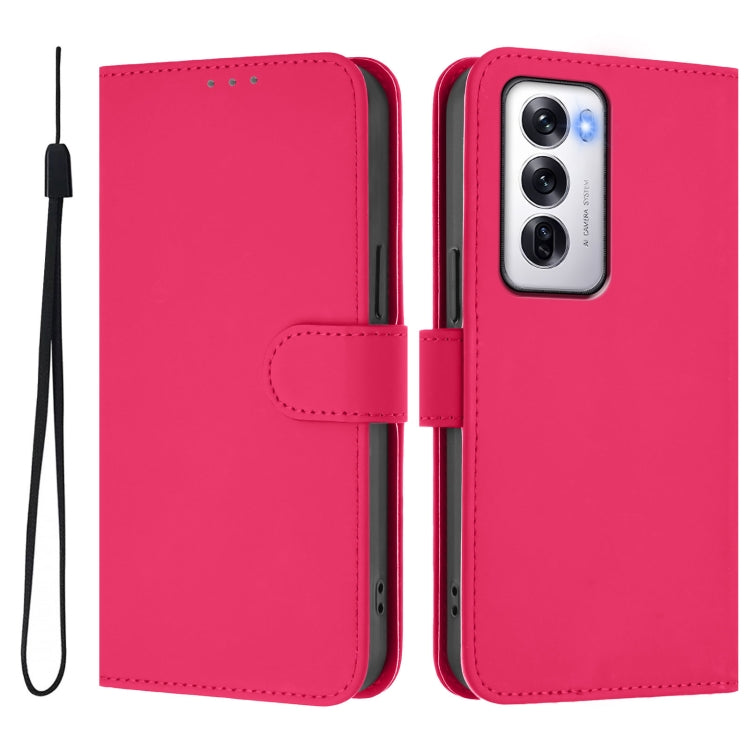 For OPPO Reno12 5G Global Skin Feel Solid Color Leather Phone Case with Lanyard
