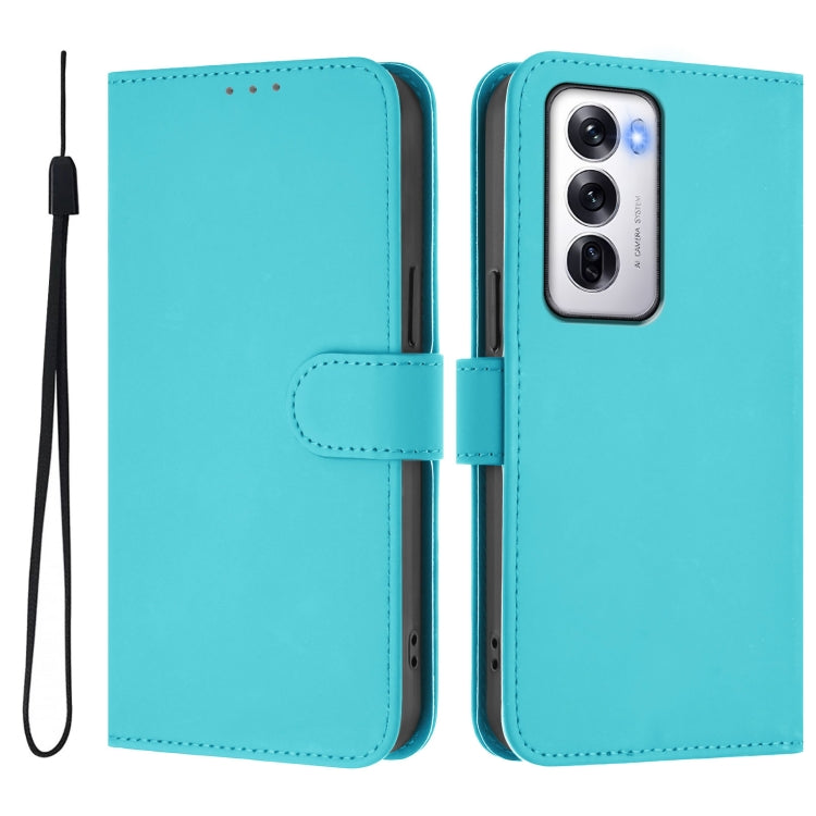 For OPPO Reno12 5G Global Skin Feel Solid Color Leather Phone Case with Lanyard