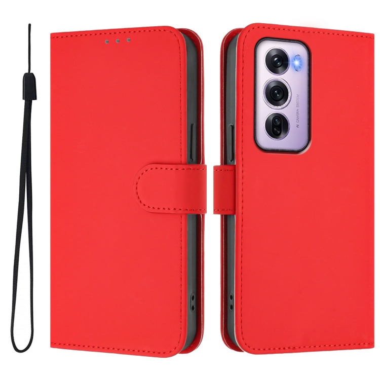 For OPPO Reno12 Pro 5G Global Skin Feel Solid Color Leather Phone Case with Lanyard