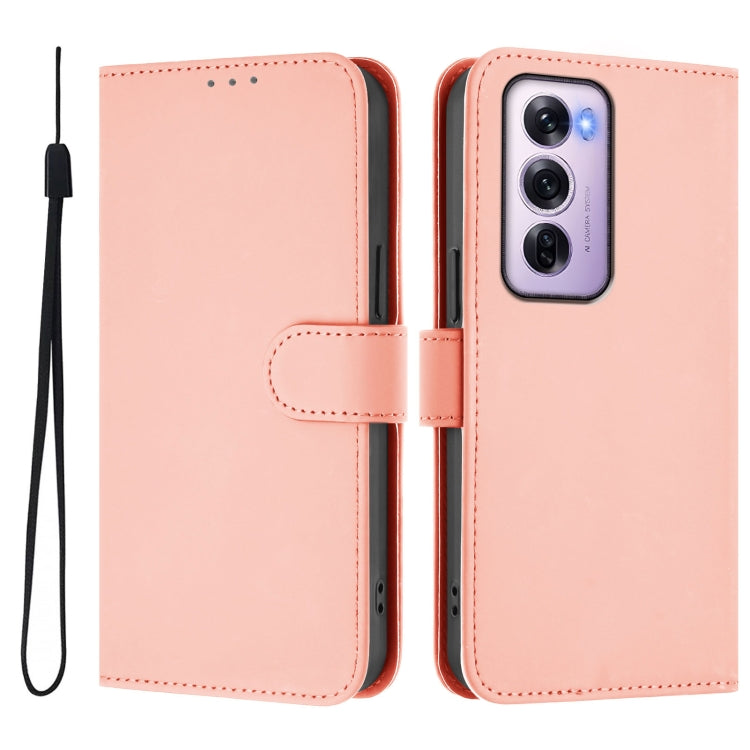For OPPO Reno12 Pro 5G Global Skin Feel Solid Color Leather Phone Case with Lanyard