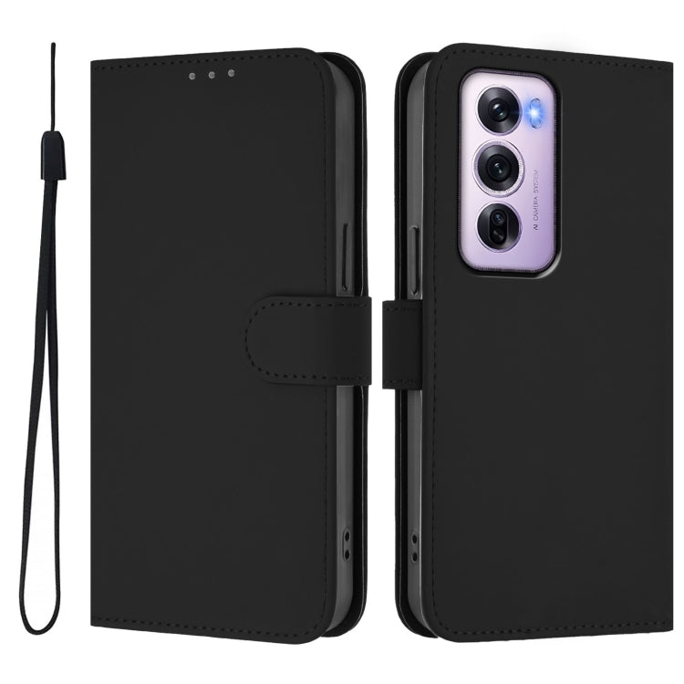 For OPPO Reno12 Pro 5G Global Skin Feel Solid Color Leather Phone Case with Lanyard