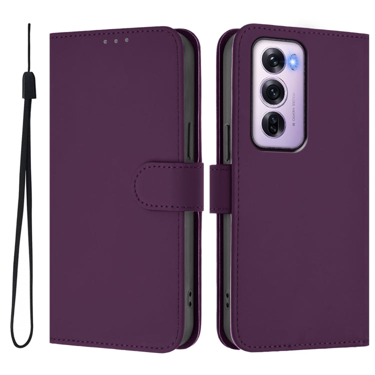 For OPPO Reno12 Pro 5G Global Skin Feel Solid Color Leather Phone Case with Lanyard