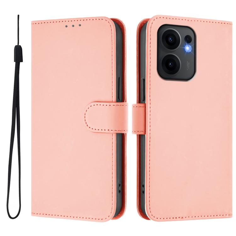 For OPPO Reno13 F 5G Global Skin Feel Solid Color Leather Phone Case with Lanyard
