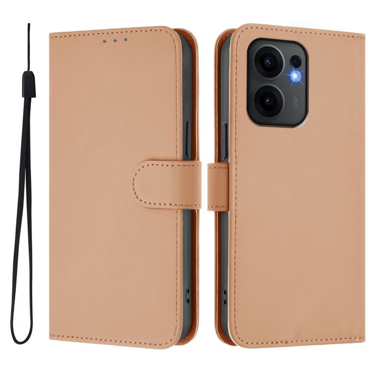 For OPPO Reno13 F 5G Global Skin Feel Solid Color Leather Phone Case with Lanyard