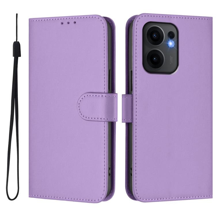 For OPPO Reno13 F 5G Global Skin Feel Solid Color Leather Phone Case with Lanyard