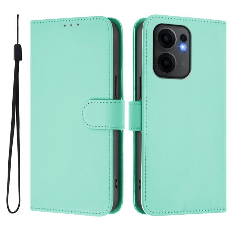 For OPPO Reno13 F 5G Global Skin Feel Solid Color Leather Phone Case with Lanyard