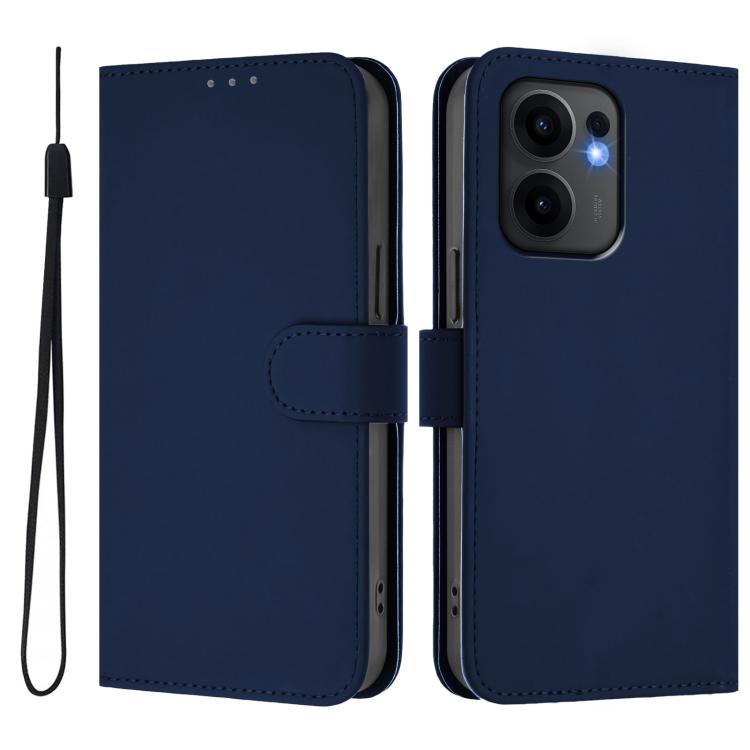 For OPPO Reno13 F 5G Global Skin Feel Solid Color Leather Phone Case with Lanyard