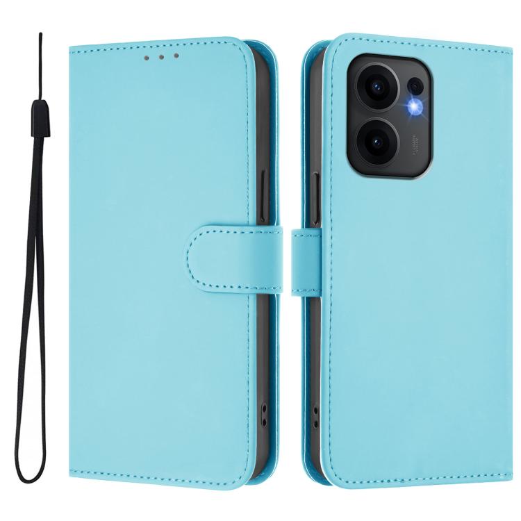For OPPO Reno13 F 5G Global Skin Feel Solid Color Leather Phone Case with Lanyard