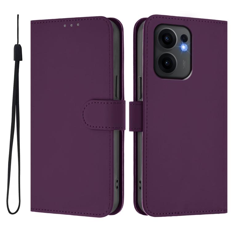 For OPPO Reno13 F 5G Global Skin Feel Solid Color Leather Phone Case with Lanyard
