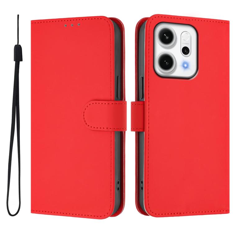 For OPPO Reno14 5G Global Skin Feel Solid Color Leather Phone Case with Lanyard