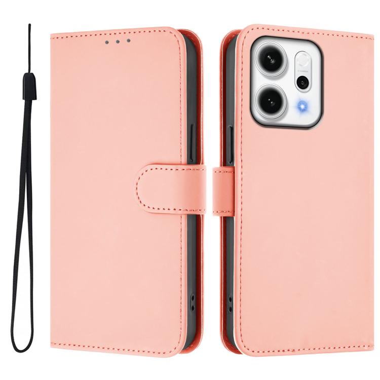 For OPPO Reno14 5G Global Skin Feel Solid Color Leather Phone Case with Lanyard