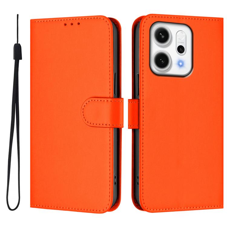 For OPPO Reno14 5G Global Skin Feel Solid Color Leather Phone Case with Lanyard