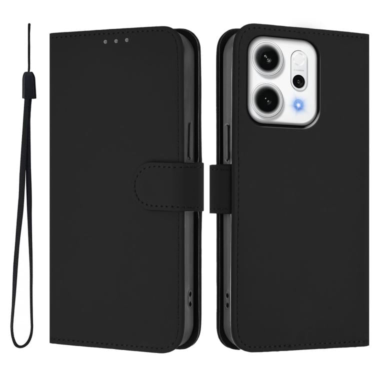 For OPPO Reno14 5G Global Skin Feel Solid Color Leather Phone Case with Lanyard