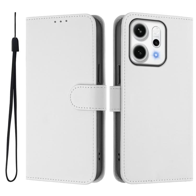 For OPPO Reno14 5G Global Skin Feel Solid Color Leather Phone Case with Lanyard