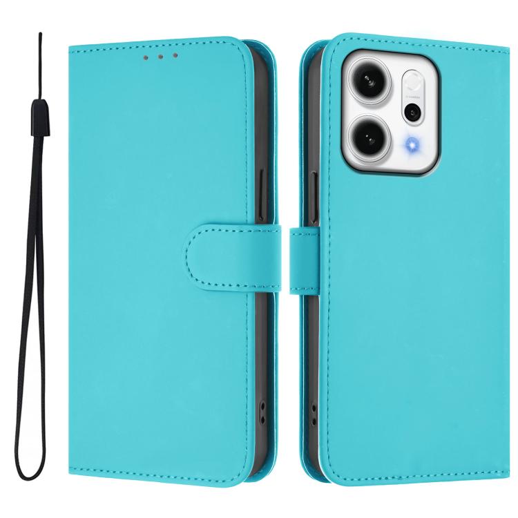 For OPPO Reno14 5G Global Skin Feel Solid Color Leather Phone Case with Lanyard