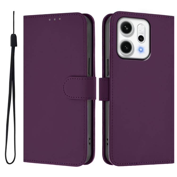 For OPPO Reno14 5G Global Skin Feel Solid Color Leather Phone Case with Lanyard
