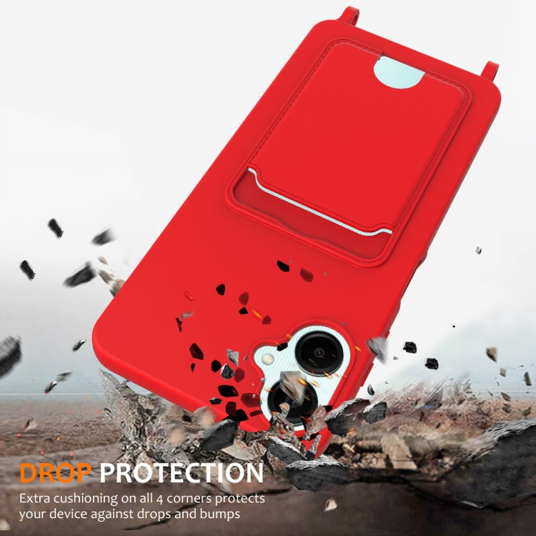 For Samsung Galaxy A06 4G Integrated Card Bag Solid Color Liquid Silicone Phone Case with Lanyard