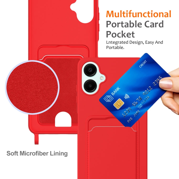 For Samsung Galaxy A06 4G Integrated Card Bag Solid Color Liquid Silicone Phone Case with Lanyard