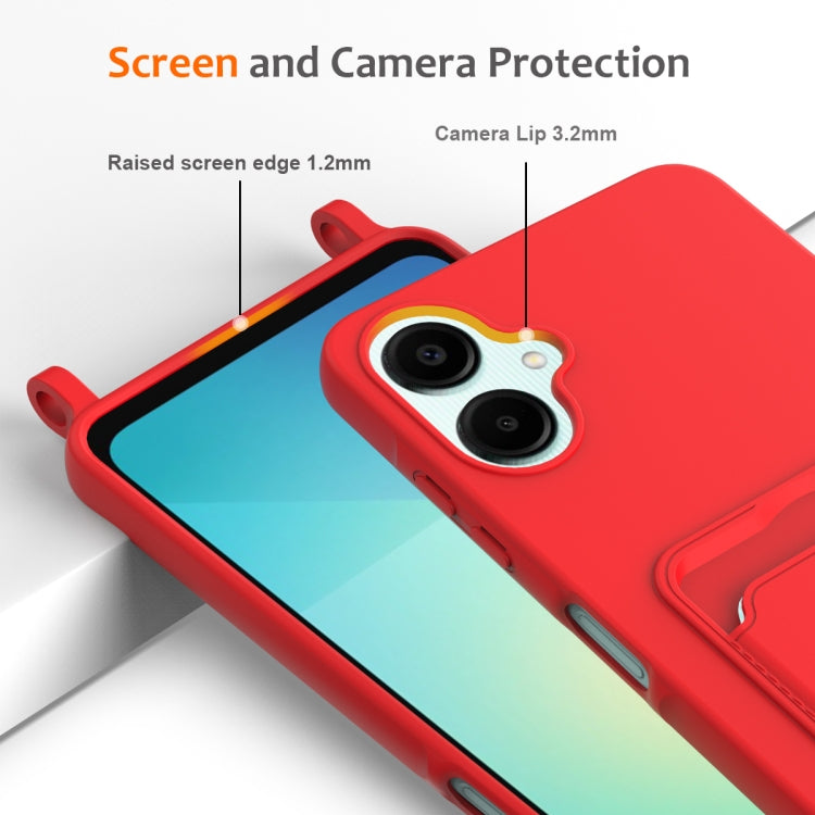 For Samsung Galaxy A06 4G Integrated Card Bag Solid Color Liquid Silicone Phone Case with Lanyard