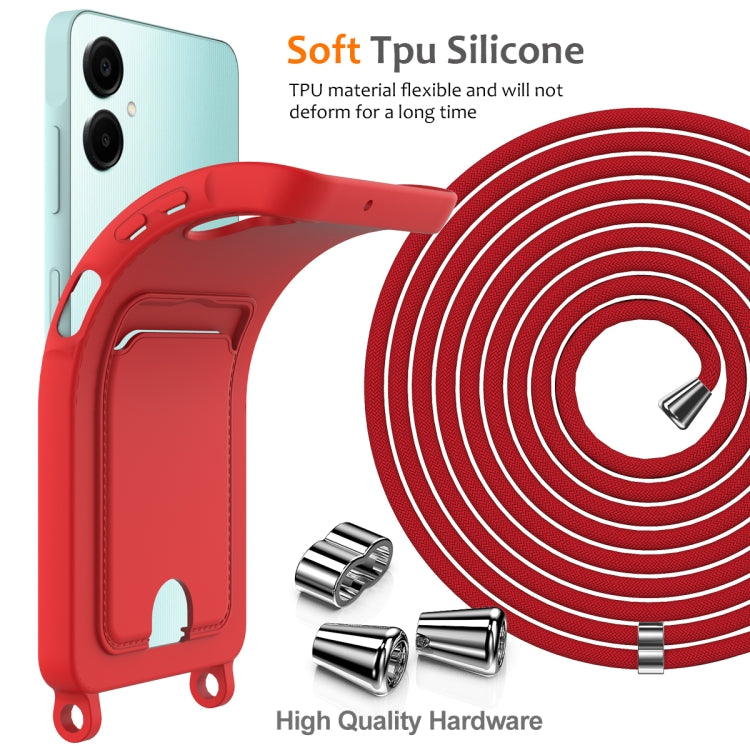 For Samsung Galaxy A06 4G Integrated Card Bag Solid Color Liquid Silicone Phone Case with Lanyard