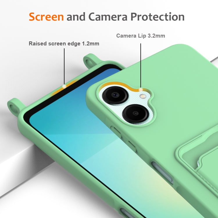 For Samsung Galaxy A06 4G Integrated Card Bag Solid Color Liquid Silicone Phone Case with Lanyard