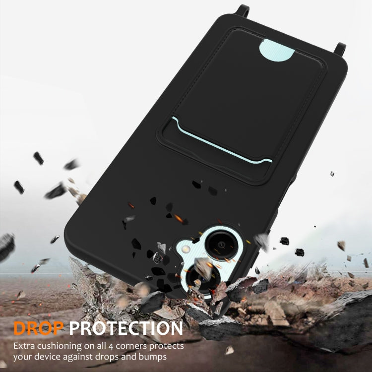 For Samsung Galaxy A06 4G Integrated Card Bag Solid Color Liquid Silicone Phone Case with Lanyard