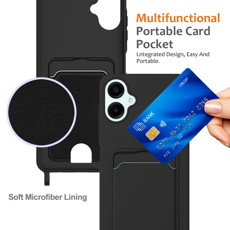For Samsung Galaxy A06 4G Integrated Card Bag Solid Color Liquid Silicone Phone Case with Lanyard