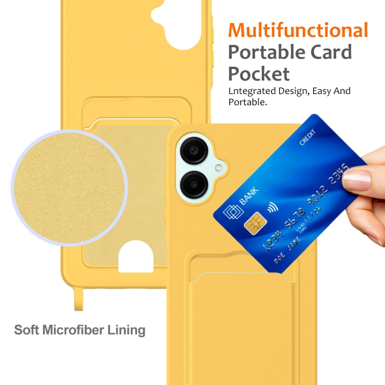 For Samsung Galaxy A06 4G Integrated Card Bag Solid Color Liquid Silicone Phone Case with Lanyard