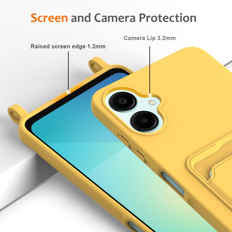 For Samsung Galaxy A06 4G Integrated Card Bag Solid Color Liquid Silicone Phone Case with Lanyard