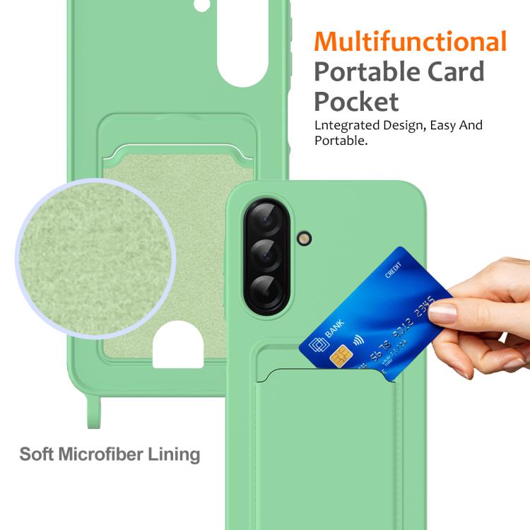 For Samsung Galaxy A26 5G Integrated Card Bag Solid Color Liquid Silicone Phone Case with Lanyard