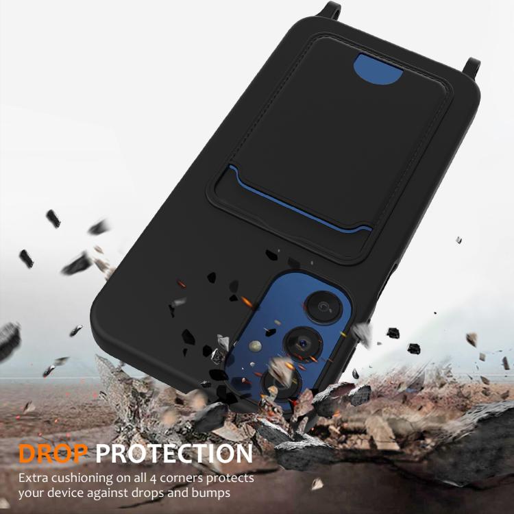 For Samsung Galaxy A54 5G Integrated Card Bag Solid Color Liquid Silicone Phone Case with Lanyard
