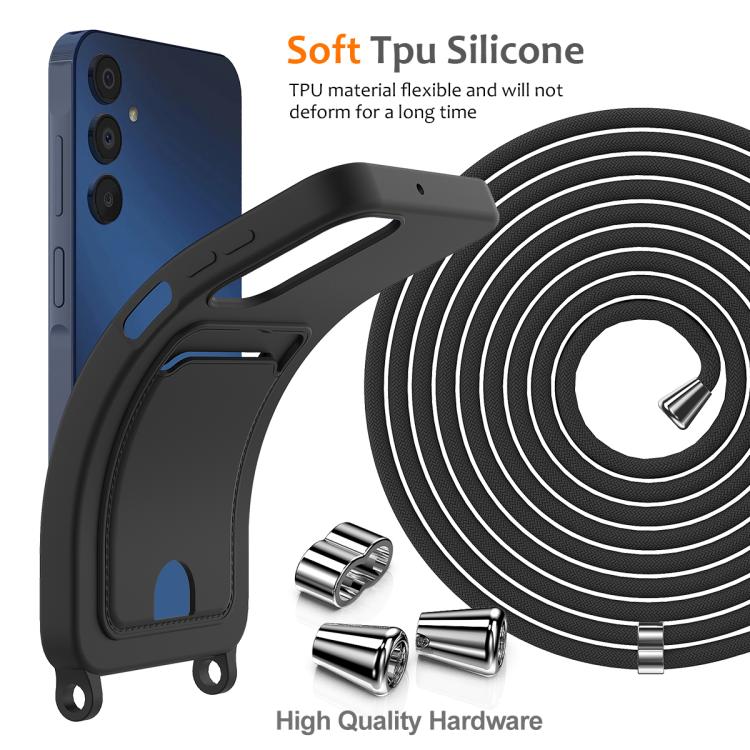 For Samsung Galaxy A54 5G Integrated Card Bag Solid Color Liquid Silicone Phone Case with Lanyard
