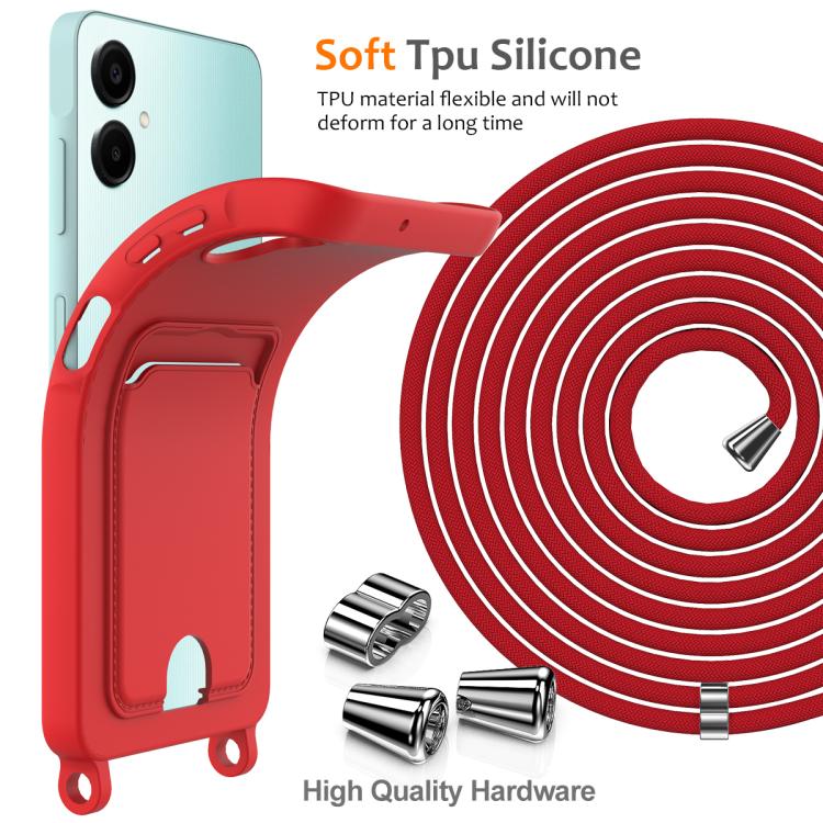 For Samsung Galaxy A06 5G Integrated Card Bag Solid Color Liquid Silicone Phone Case with Lanyard