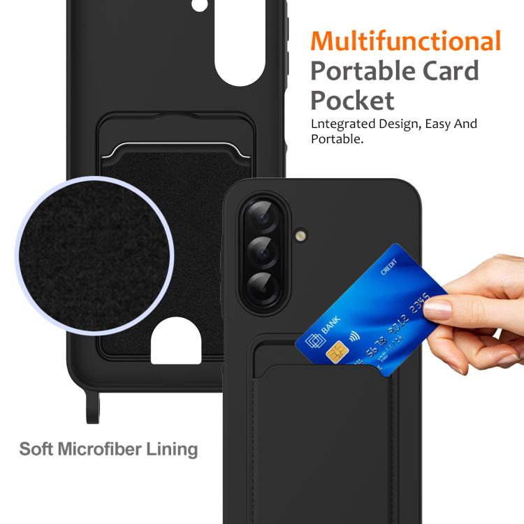 For Samsung Galaxy A17 / F17 / M17 Integrated Card Bag Solid Color Liquid Silicone Phone Case with Lanyard