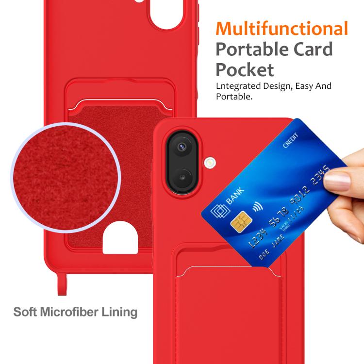 For Samsung Galaxy A07 / M17e / F07e Integrated Card Bag Solid Color Liquid Silicone Phone Case with Lanyard