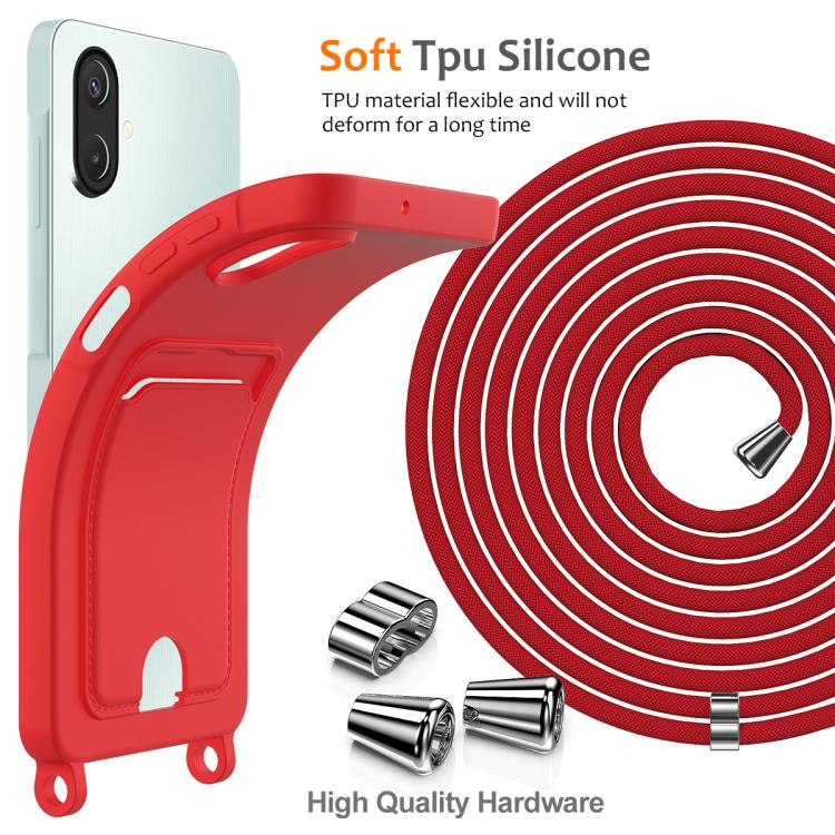 For Samsung Galaxy A07 / M17e / F07e Integrated Card Bag Solid Color Liquid Silicone Phone Case with Lanyard