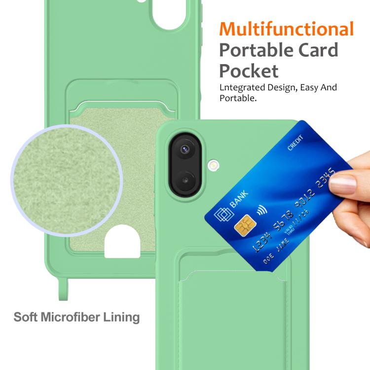 For Samsung Galaxy A07 / M17e / F07e Integrated Card Bag Solid Color Liquid Silicone Phone Case with Lanyard