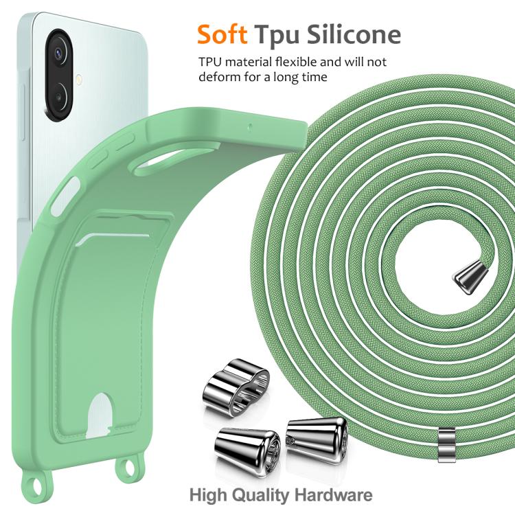 For Samsung Galaxy A07 / M17e / F07e Integrated Card Bag Solid Color Liquid Silicone Phone Case with Lanyard